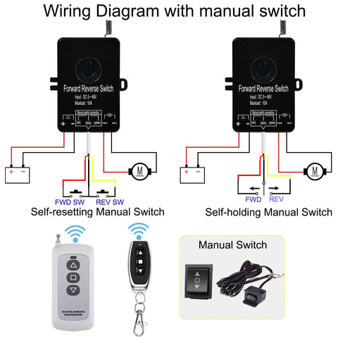Black waterproof forward/reverse remote control switch module with wiring diagram