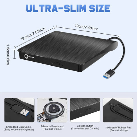 External CD DVD Drive for Laptop USB 3.0 Portable CD DVD Player High Speed Writer 8x DVDR 24x CDR Black, 19.5cm slim