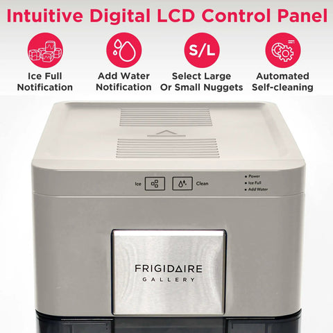 Cream Countertop Nugget Ice Maker With Visible Window And Sleek Touchscreen displaying LCD panel with control buttons and notifications.