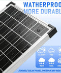 30W 12V Monocrystalline Solar Panel Kit with raindrops to show waterproof features for RVs, marine, boats, and off grid power
