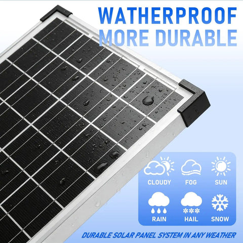 30W 12V Monocrystalline Solar Panel Kit with raindrops to show waterproof features for RVs, marine, boats, and off grid power