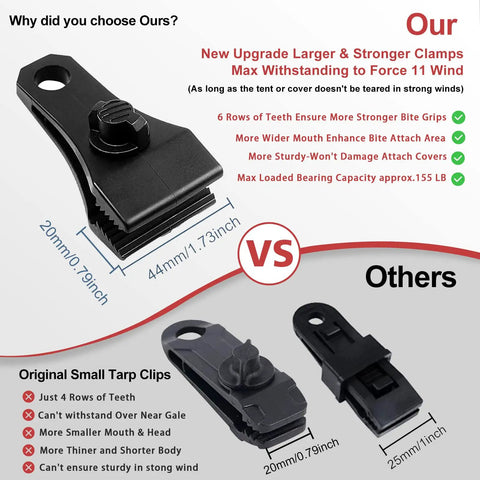 Comparison of Heavy Duty Tarp Clips Set Of 6 With Lock Grip And Thumb Screws vs smaller tarp clips.