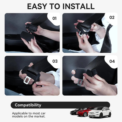 Four-step installation of black Five Pack Silicone Seat Belt Buckle Covers For Cars SUVs Trucks Anti Scratch Protection Reduces Noise And Protects Interior Surfaces Universal Fit.
