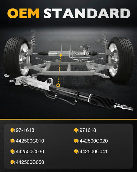 Diagram showing Heavy Duty Hydraulic Power Steering Rack And Pinion Replacement for Toyota Tundra and Sequoia, OE 97-1618 specifications.