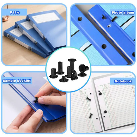 Rock Your Craft With Top Shelf Leathercraft Rivets Chicago Screws And Heavy Duty Belt Fasteners DIY Kit displayed with files, notebooks, and fasteners.
