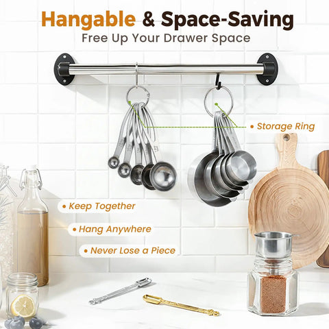 13 Piece Stainless Steel Measuring Cups and Spoons Set with Funnel for Baking and Cooking hanging on kitchen rack.