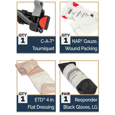 North American Rescue IPOK kit: C-A-T tourniquet, NAR gauze, ETD flat dressing, black LG responder gloves