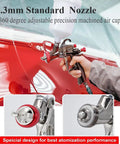 R500 LVLP Spray Gun with 1.3mm nozzle, air flow control, used for automotive painting with red car detail, precision machined air cap.