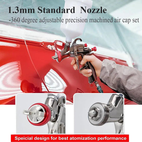 R500 LVLP Spray Gun with 1.3mm nozzle, air flow control, used for automotive painting with red car detail, precision machined air cap.