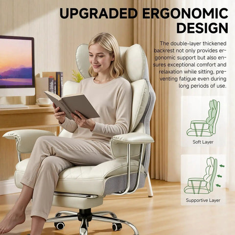 Big And Tall Office Chair With High Back Leather Retractable Footrest And Ergonomic 3D Lumbar Support features a woman reading comfortably.