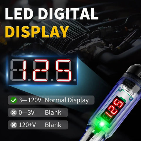Pro Grade DC Voltage Tester Pen With LED Display 3 To 120V Range Auto Bidirectional Testing Handy Car Battery Polarity And Continuity Check Fuse Diagnostic Tool For Auto Electricals, LED display close-up