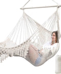 Cotton Rope Hammock Chair With Macrame Swings, Handmade Hanging Seat, cozy white chair with collapsible metal spreader bar, used outdoors