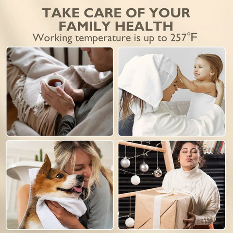 Collage showing uses of Dope 20L Towel Warmer For Bathroom With 3 Level Timer Alarm RGB Light Auto Shut Off Holds Towels Robes Blankets