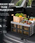 Hella Durable Folding Storage Crate 32L With Grip Handles And Reinforced Bottom in car trunk, filled with groceries and jars.