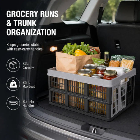 Hella Durable Folding Storage Crate 32L With Grip Handles And Reinforced Bottom in car trunk, filled with groceries and jars.