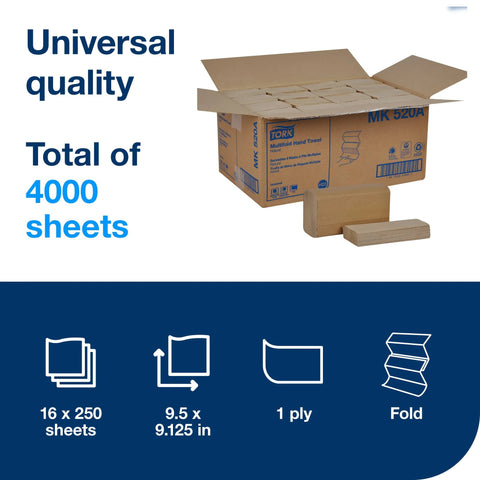 Front view of Tork Multifold Hand Towel MK520A, natural 100% recycled, FSC certified, 16 packs x 250 sheets