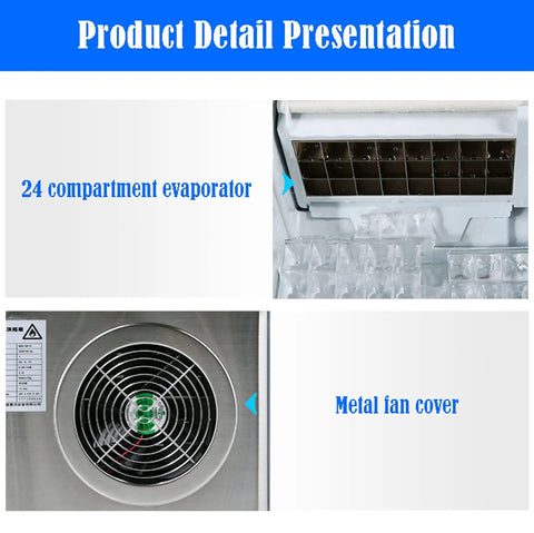 Slick Countertop Ice Cube Maker, Portable Electric Unit With Foolproof Touch Controls, showing 24 compartment evaporator and metal fan cover.