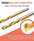 Two 6542 HSS left-hand drill bits with gold finish for higher hardness and durability. Text overlay emphasizes unique design and efficiency.