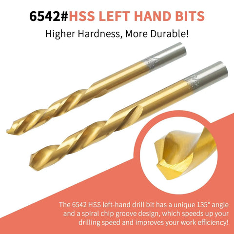 Two 6542 HSS left-hand drill bits with gold finish for higher hardness and durability. Text overlay emphasizes unique design and efficiency.