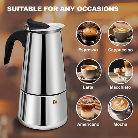 2 Cup Stovetop Espresso Maker In Stainless Steel Moka Pot For Home And On The Go Camping Italian Style Mocha Brew Pot