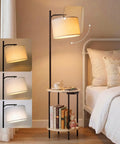 Space Saving Floor Lamp With Built In Round Table And USB Type C And USB A Charging Ports 9W LED Bulb Nightstand displayed by bed