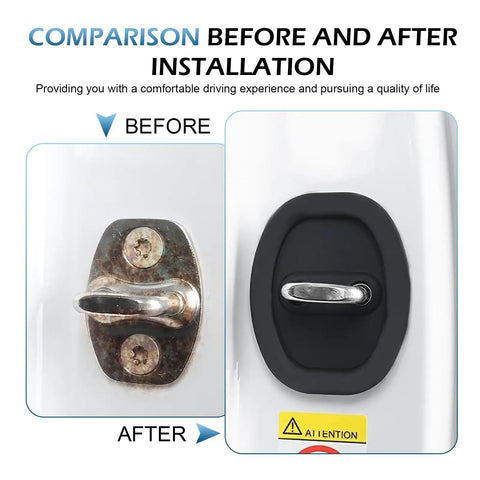 Upgrade Your Whip With These Sick Silicone Car Door Latch Covers To Kill The Loud Clunks And Keep The Ride Quiet Universal Automotive Lock Protectors Durable Rubber Guards For Cars Trucks And Suvs Adhesive Backed In Jet Black comparison before and after installation