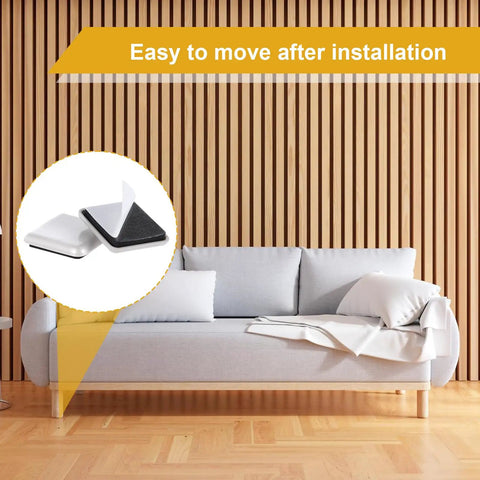 Image of a living room with a sofa featuring the 12 Pack 1.5 Inch Square Self Adhesive Furniture Sliders Pads for floors.