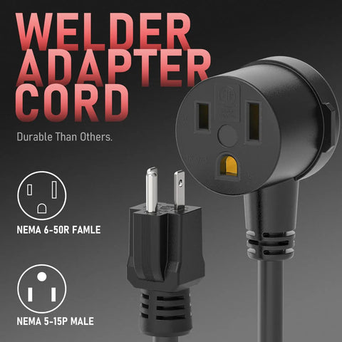12AWG Heavy Duty Welder Adapter Cord NEMA 5-15P To 6-50R 1Ft Power Cable close-up with plug and socket design
