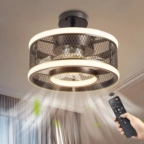 Dope Industrial Caged Ceiling Fan With Light Remote Control, Dimmable LED Ring, 3 Color Temperatures, 3 Speed Settings, Quiet Copper Motor