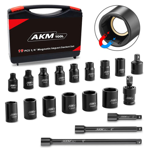 Magnetic Impact Socket Set With One Quarter Inch Drive Pro Grade 19 Piece Metric Range 4mm To 15mm 6 Point CrMo Square Drive Magnetic Sockets With Adapter Universal Joint And Extension in storage case