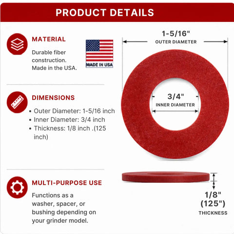 Fiber Thrust Washer For Number 12 Meat Grinders, 4 Pack, Compatible With Hobart LEM Biro Torrey Pro-Cut Weston Avantco And More, 1-5/16 Inch Outer Diameter By 3/4 Inch Inner Diameter By 0.125 Inch Thick, Commercial Replacement Part, red fiber washer dimensions