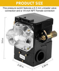 Air Compressor Pressure Switch With Adjustable Unloader And Relief Valve Preset 135 to 175 psi, 3.6 x 2.28 in dimensions
