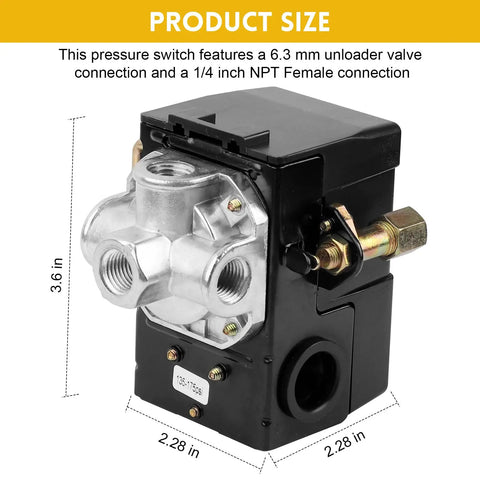 Air Compressor Pressure Switch With Adjustable Unloader And Relief Valve Preset 135 to 175 psi, 3.6 x 2.28 in dimensions