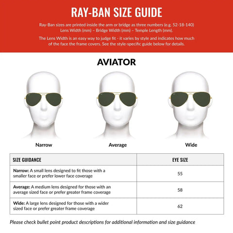 Ray-Ban size guide for aviator sunglasses showing narrow, average, wide fits; medium 58mm size for RB3025 Polarized Aviator Sunglasses Unisex