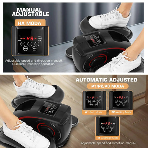 Under Desk Elliptical Machine With LCD Display Electric Seated Pedal Exerciser Portable Quiet Mini Elliptical For Home Use 2 In 1 Power And Manual Modes Compact Low Impact Leg Exerciser For Office Or Living Room Dark Black showing manual and automatic modes.