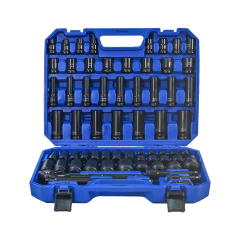 66 Piece Pneumatic Tool And Accessory Kit With Universal Long And Short Sockets Extension Rods Connectors And Ratchet Wrenches For Pro DIY And Repair Tasks Heavy Duty Black And Blue in open blue case