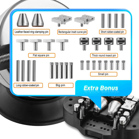 Five Inch Ball Vise Engraving Setting Tool With 360 Degree Rotation Pro Grade Heavy Duty Ball Vise And Thirty Six Piece Attachment Jewelry Engraving Block Standard Block showing attachment pieces.