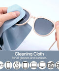 Front view of beige sunglasses being cleaned with a light blue Vemiss microfiber glasses cleaning cloth, 6-pack