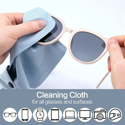 Front view of beige sunglasses being cleaned with a light blue Vemiss microfiber glasses cleaning cloth, 6-pack