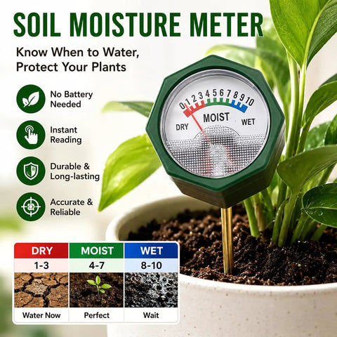 Soil Moisture Meter With 6.5 Inch Single Probe For Most Pots Instant Read No Battery Analog Dial Color Coded Display For Indoor And Outdoor Plants For Healthy Indoor Garden Growth And Outdoor Plant Care With Green Thumb Friendly Design, probe in potted plant