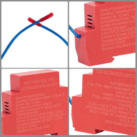 Automatic Fire Extinguisher 18G Aerosol Spray Kit Self Triggering Thermal Sensor Tech showing heat sensor and details.