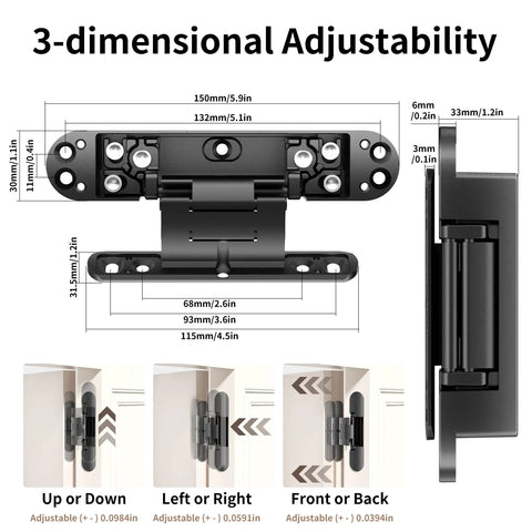 Built Tough 6-Inch Hidden Door Hinge With 3 Way Adjustable Concealed Mechanism Heavy Duty Steel Construction, showing 3-dimensional adjustability.