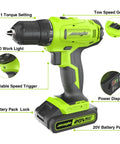 Cordless 20V Drill Kit with Battery and Charger, Two Speed Gear, 18+1 Torque Settings, 3/8 Inch Chuck, includes drill bits and tool bag