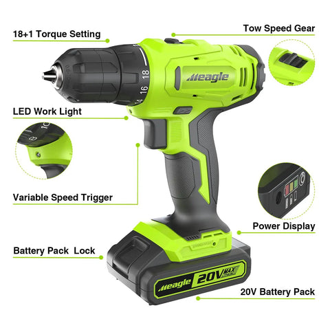 Cordless 20V Drill Kit with Battery and Charger, Two Speed Gear, 18+1 Torque Settings, 3/8 Inch Chuck, includes drill bits and tool bag
