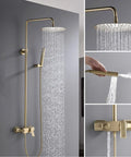 UBNMIUBV Rainfall Shower System Gold, Luxury Brass Shower Faucet Set with Hand Sprayer and Tub Spout, Wall Mounted Triple Functions in action.