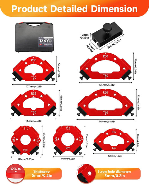 7 Piece Router Corner Radius Template Kit With 18 Radius Angles In Aluminum Alloy dimensions and components display