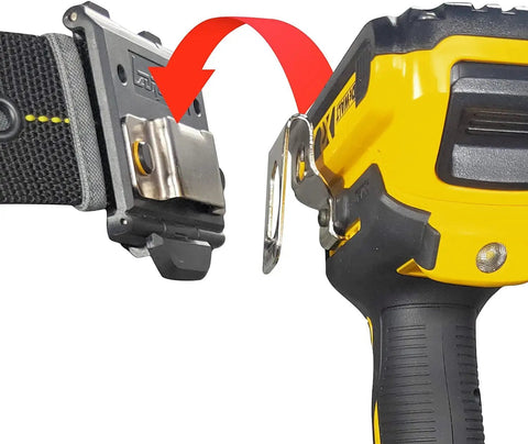 Drill Clip Holster Set For Tool Belts And Impact Drivers, showing clip attaching drill to tool belt holder