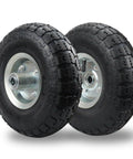 Two Pack 10 Inch Pneumatic Wheel Set With 4.10/3.50-4 Tire And 5/8 Inch Bearings, 2.2 Inch Offset Hub, silver steel rims visible