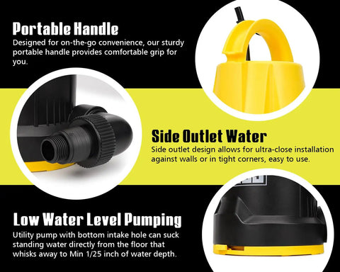 Submersible Sump Pump 1/2HP Portable Water Pump 2500GPH with portable handle, side outlet water, and low water level pumping details