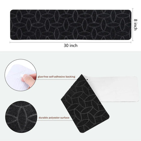 15 Piece Indoor Stair Treads For Wooden Steps Grippy Non Slip Carpet Treads With Gray Stripe Design Polyester Runner Mats For Safe Soft Foot Comfort And Easy DIY Stair Protection, showing dimensions and self-adhesive backing.